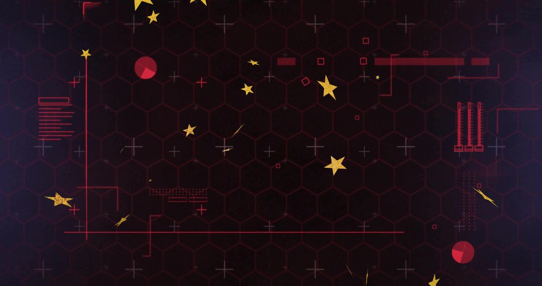 Futuristic HUD Hex Grid with Neon Red Axis Lines and Animated Yellow Stars for Tech Overlays