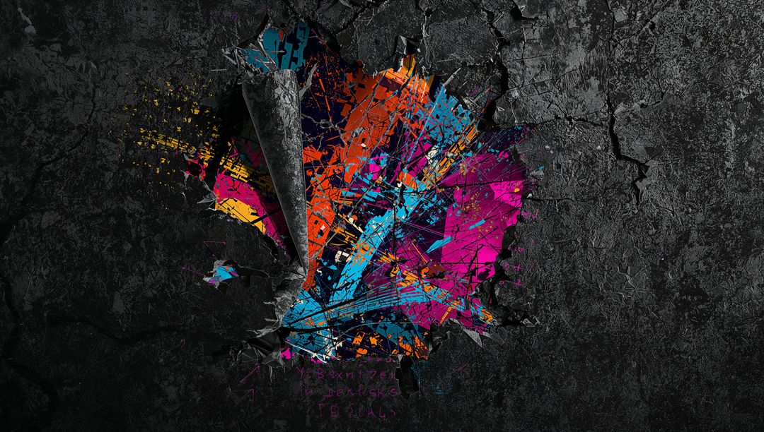 Torn Concrete Reveal with Vibrant Paint Splashes and Abstract Geometric Graffiti Burst