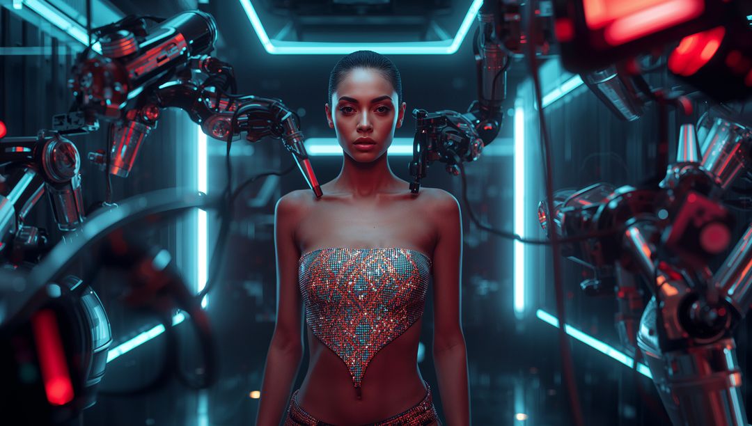 Woman with Crystalline Attire in Futuristic Tech Lab with Robots