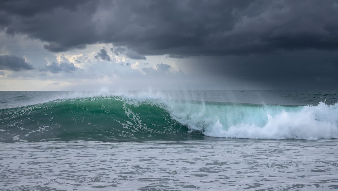 Dramatic Sea with Emerald Wave and Stormy Sky