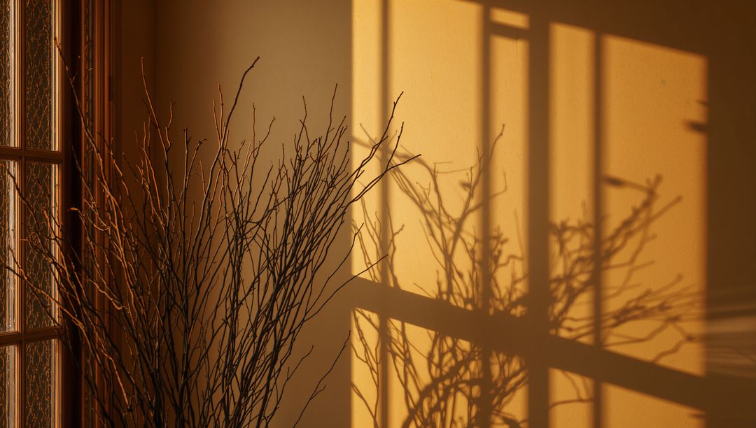 Sunlit Bare Branches Casting Window Grid Shadows on Warm Wall Minimalist Interior Decor Silhouette