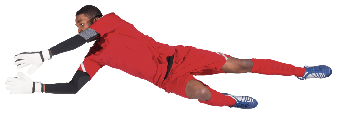 Goalkeeper in Red Uniform Making Stunning Transparent Dive Save