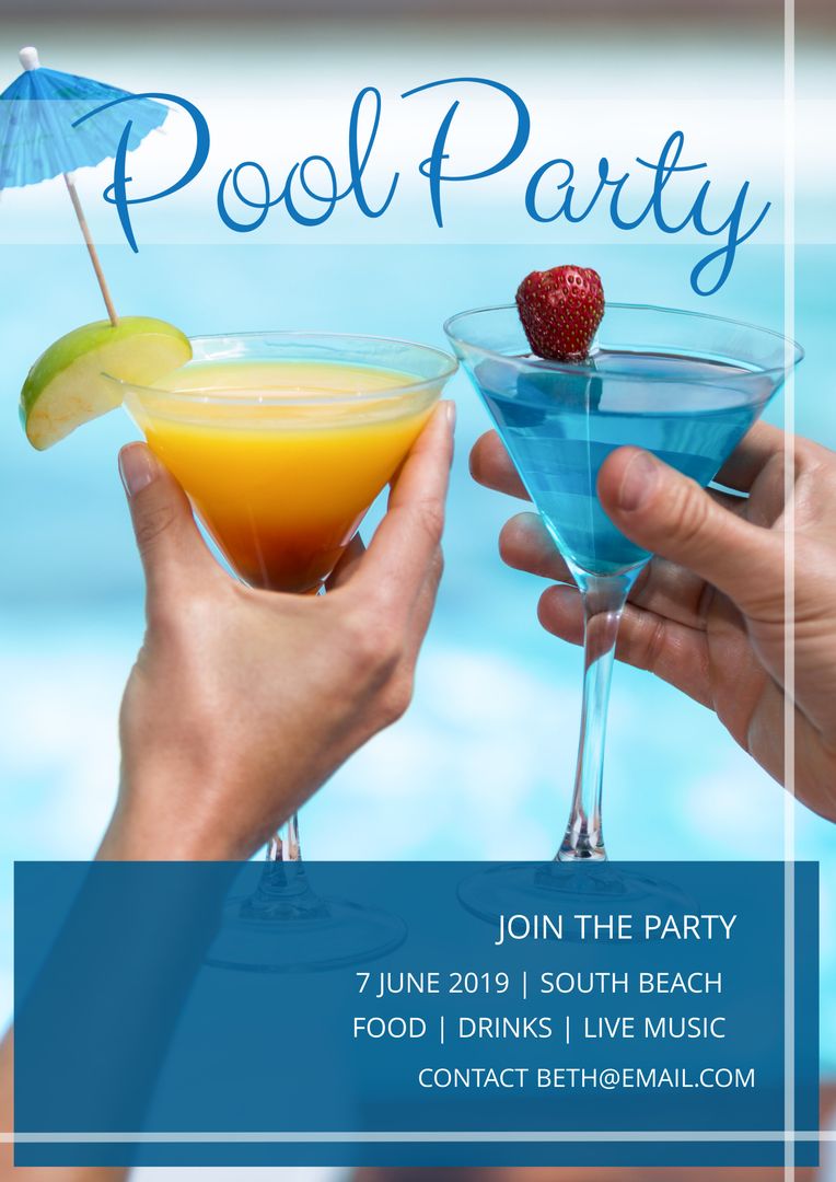 Colorful Pool Party Invitation with Cocktails and Blue Backdrop