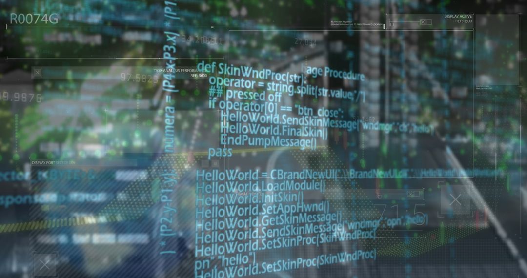 Translucent Interface with Code Overlaid on Urban Night Cityscape