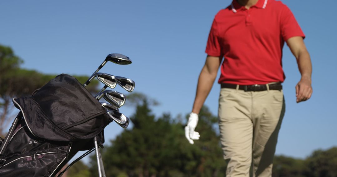 Golfer in Red Shirt Walks on Scenic Golf Course