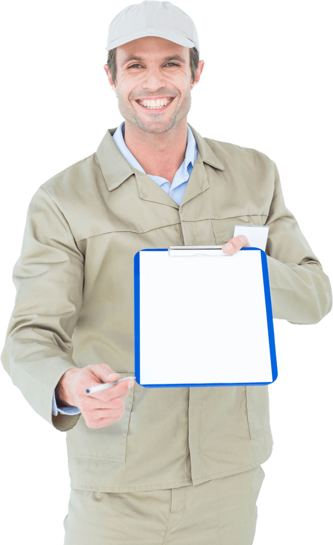 Transparent Delivery Worker Offering Clipboard Plus Pen for Signature