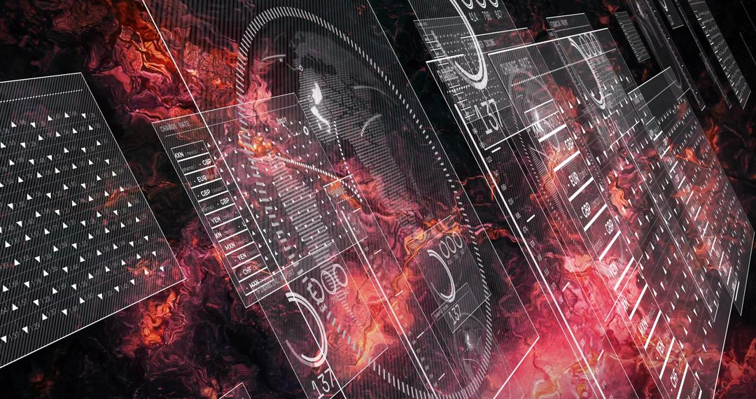 Floating Futuristic HUD Panels Receding Through Nebula with Neon Wireframe Analytics Gauge