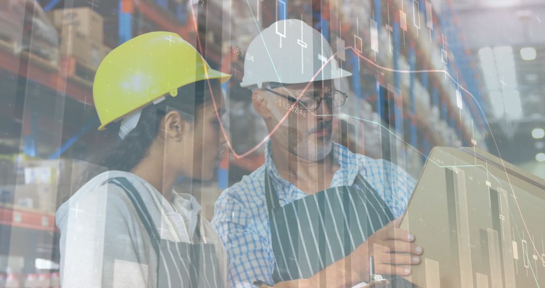 Warehouse Workers Analyzing Inventory with Digital Overlay