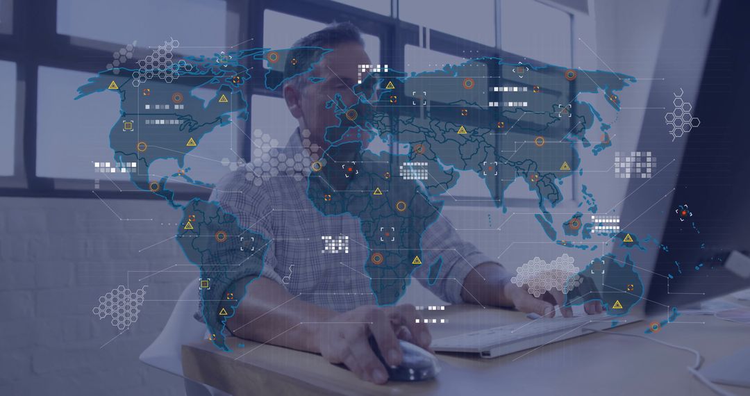 IT Analyst Interacting with Digital World Map Overlay in Modern Workspace