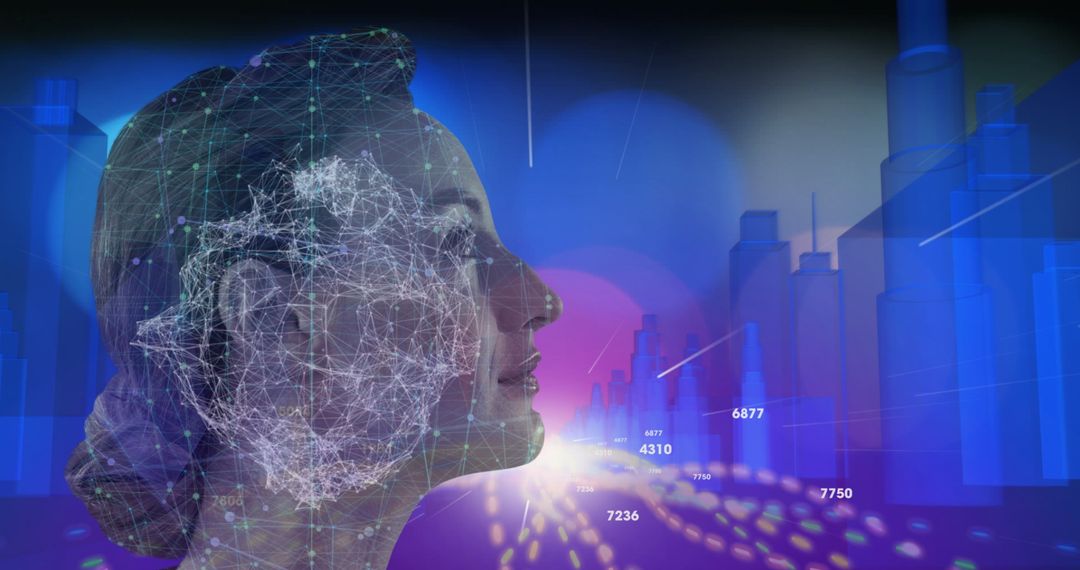 Futuristic Woman in Digital City with Network Connections