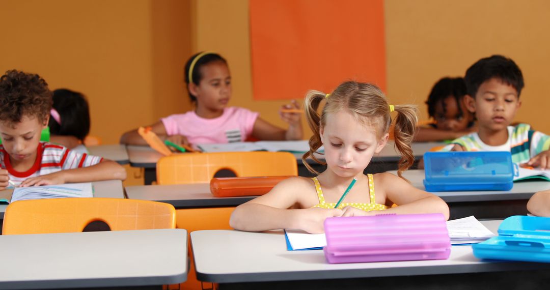 Diverse Group of School Kids Concentrating in Classroom Setting