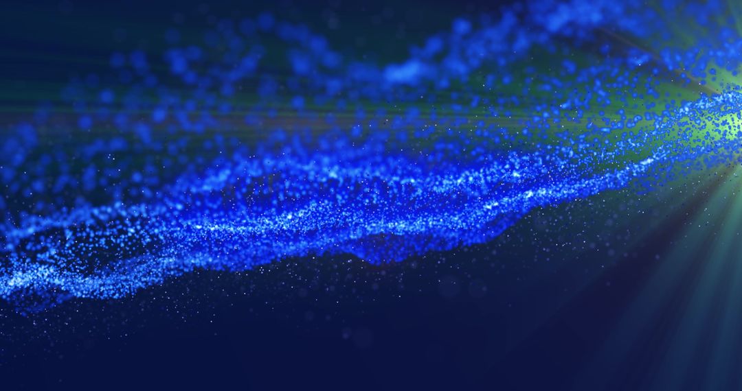 Abstract Glowing Blue Particles with Light Trails in Dark Space