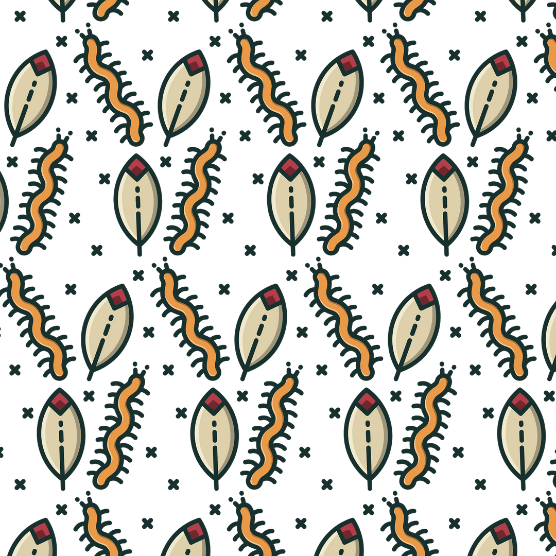Seamless Pattern with Leaves and Millipedes on Transparent Background