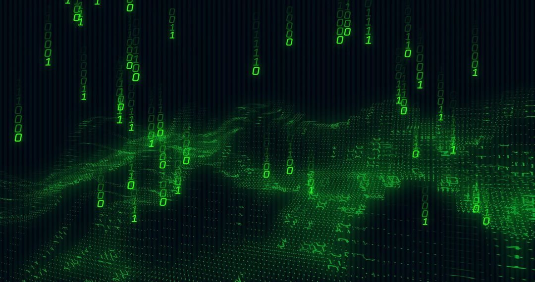 Green Binary Code with Digital Waves on Dark Background