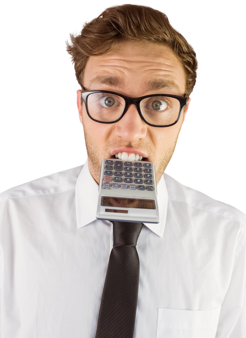 Transparent Geeky Businessman Bites Calculator with Glasses - Download Free Stock Images Pikwizard.com