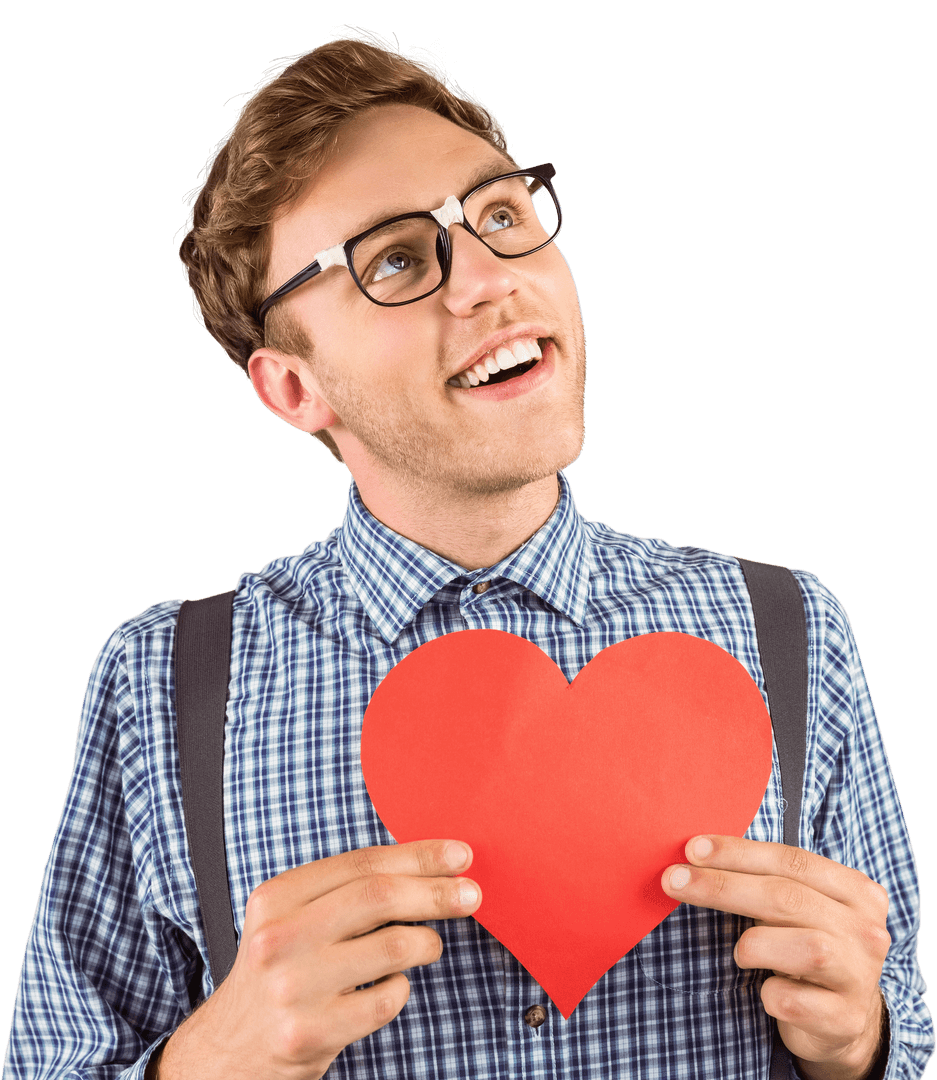 Geeky Hipster Holding Red Heart Transparent Background