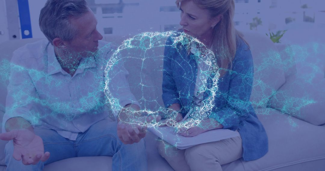 Man Consulting Psychologist with Digital Brain Overlay