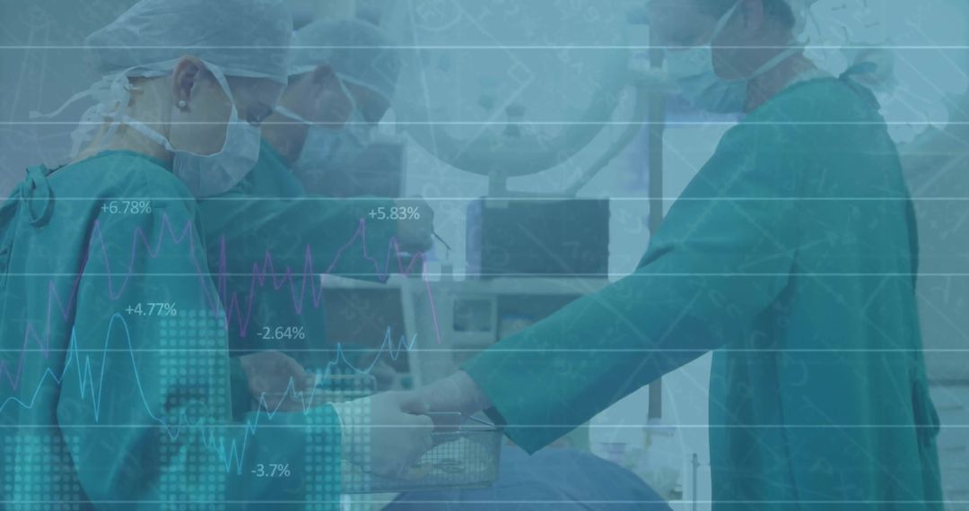 Medical Team in Surgery with Financial Data Overlay Enhancing Technological Innovation