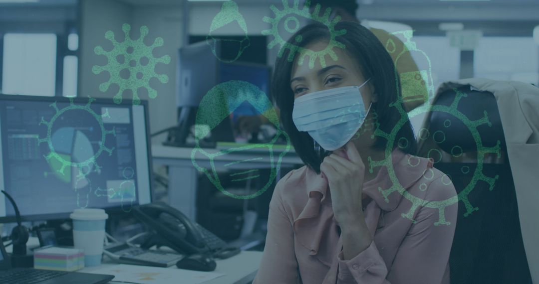 Woman Wearing Face Mask in Office with Pandemic Icon Overlays