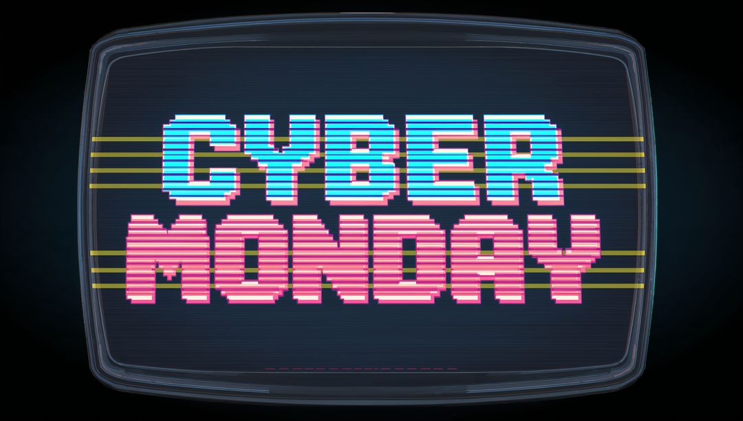 Displaying Cyber Monday Neon Text on Retro CRT with Vaporwave Glitch and Yellow Scanlines