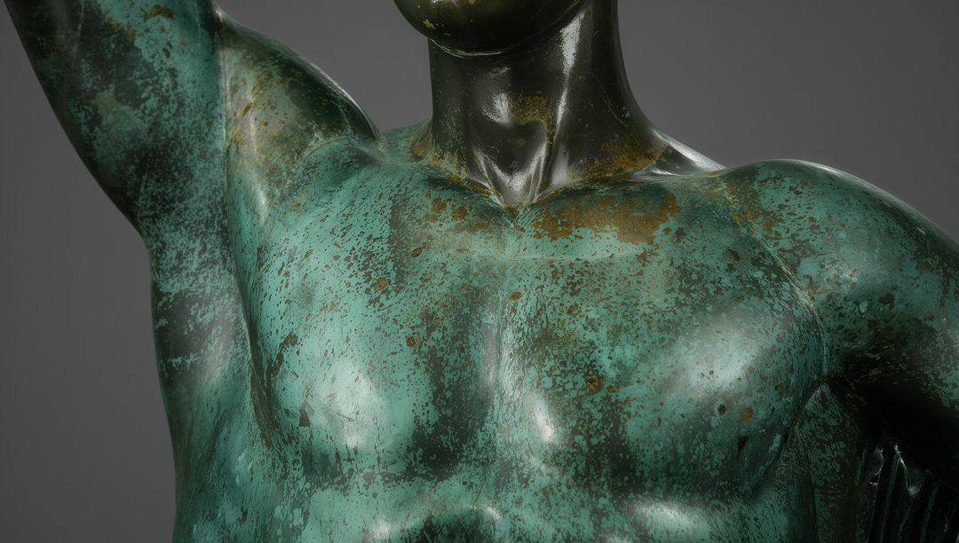 Displaying Patinated Bronze Muscular Torso with Verdigris Patina and Raised Arm Close-Up