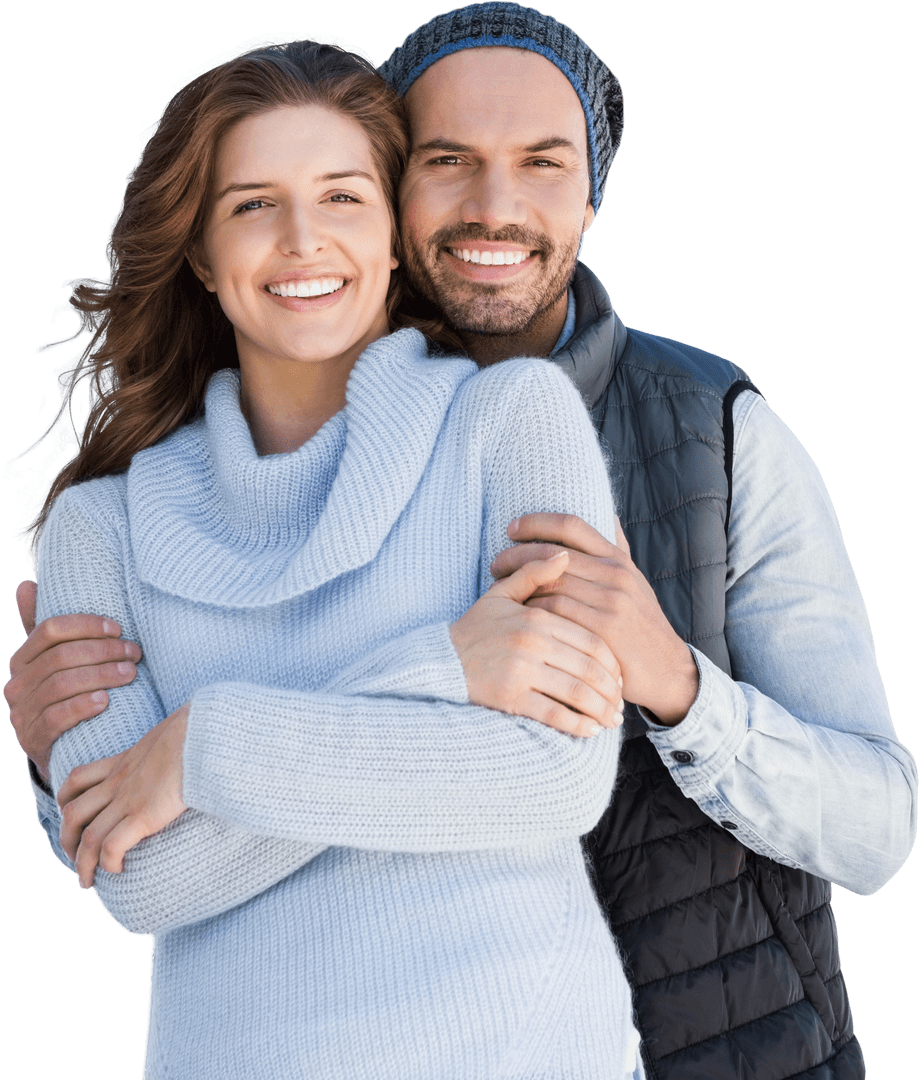 Happy Couple Embracing in Warm Outfits with Smiling Faces Transparent Background