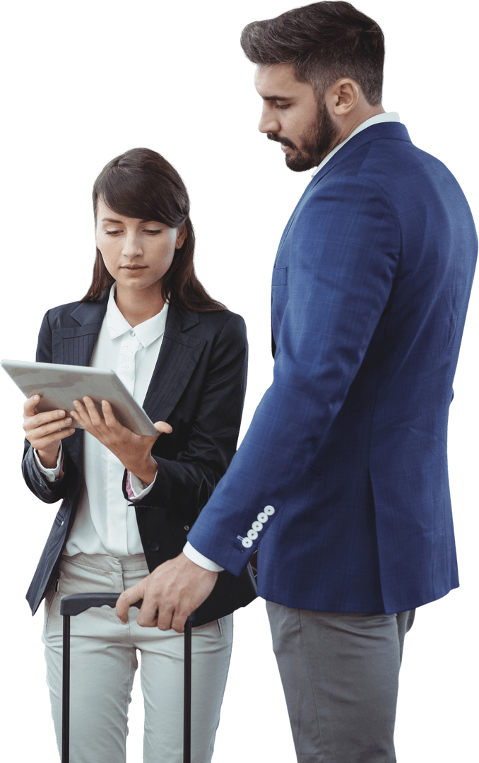 Transparent Business Professionals with Tablet and Suitcase
