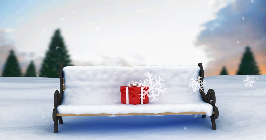 Christmas Present on Snow-Covered Bench in Winter Landscape - Free Images, Stock Photos and Pictures on Pikwizard.com