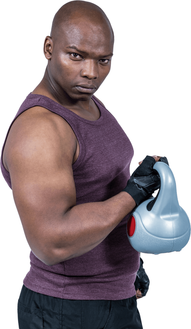 Athletic Man Lifting Kettlebell Wearing Sleeveless Top on Transparent Background