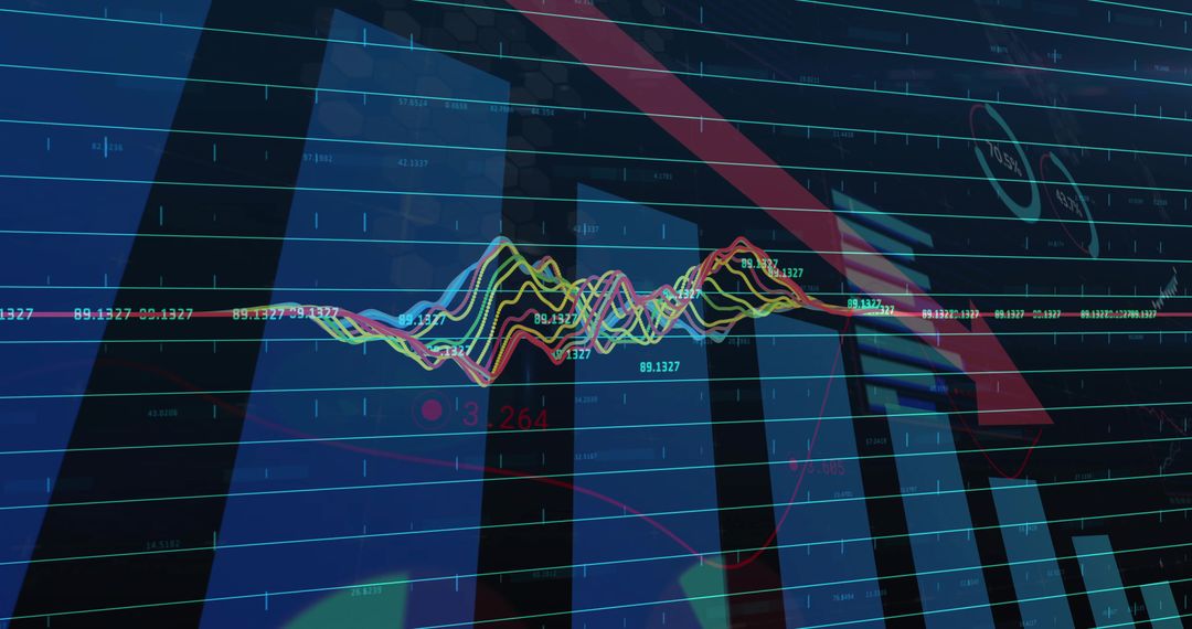 Futuristic financial dashboard with multicolor line charts, red descending arrow and bar graphs