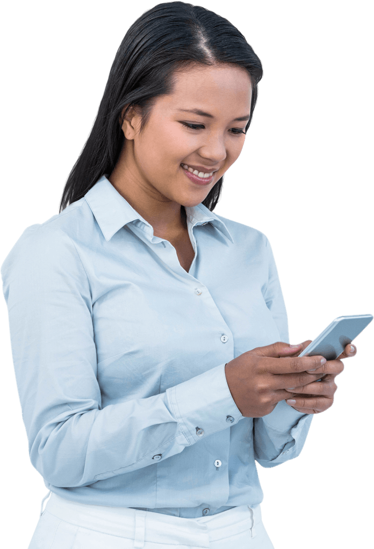 Businesswoman Smiling LED by Her Smartphone on Transparent Background