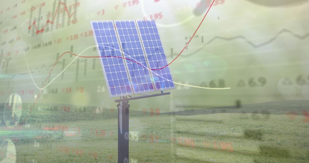 Solar Panel in Field with Financial Charts Overlay