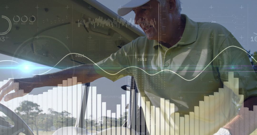 Senior Golfer Grabbing Equipment with Data Overlay on Golf Course