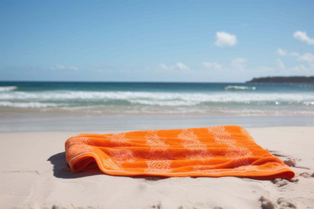 Orange towel with pattern on beach with sea and blue sky, created using generative ai technology - Free Images, Stock Photos and Pictures on Pikwizard.com