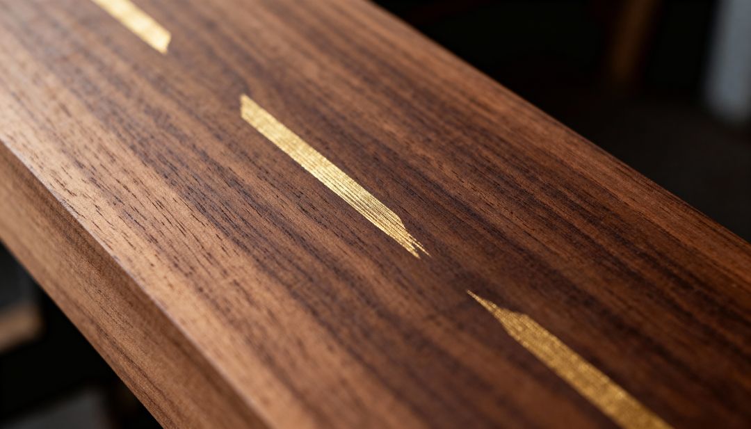 Polished walnut plank featuring thin gold inlays and satin finish macro wood grain close-up