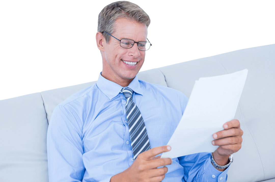 Businessman Reviewing Transparent Document in Professional Setting