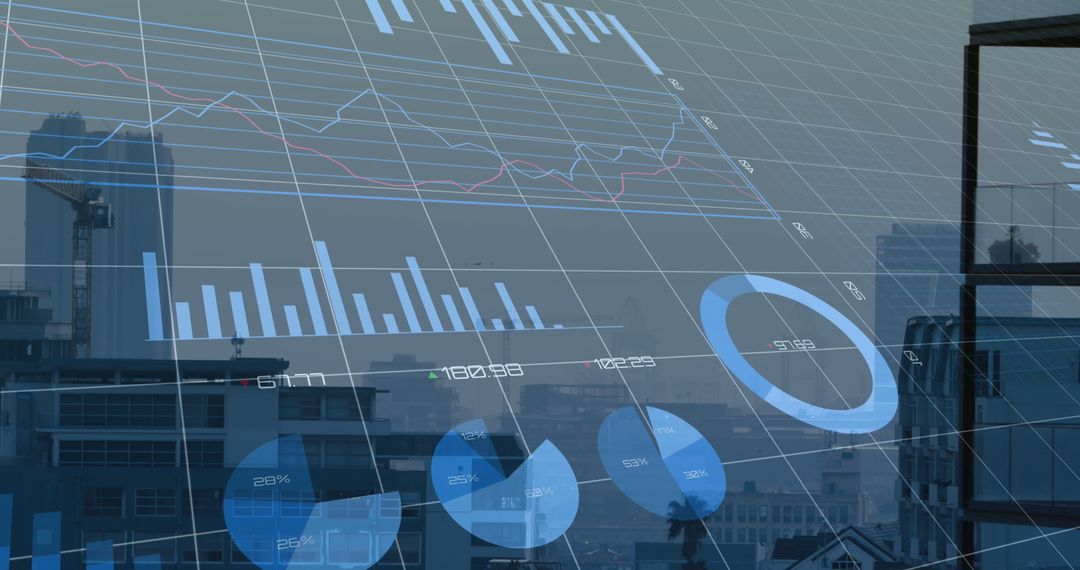 Financial Data Analysis Overlaid on City Skyline