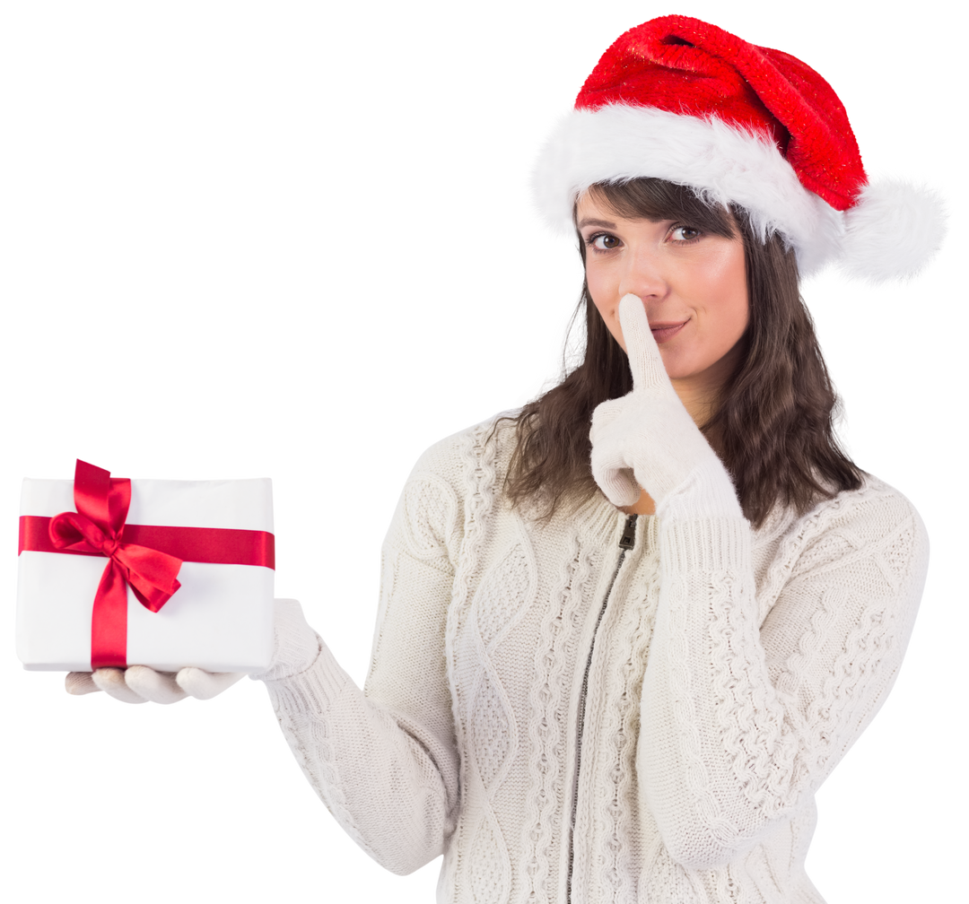 Festive Woman Wearing Santa Hat Holding Christmas Gift on Transparent Background - Download Free Stock Images Pikwizard.com