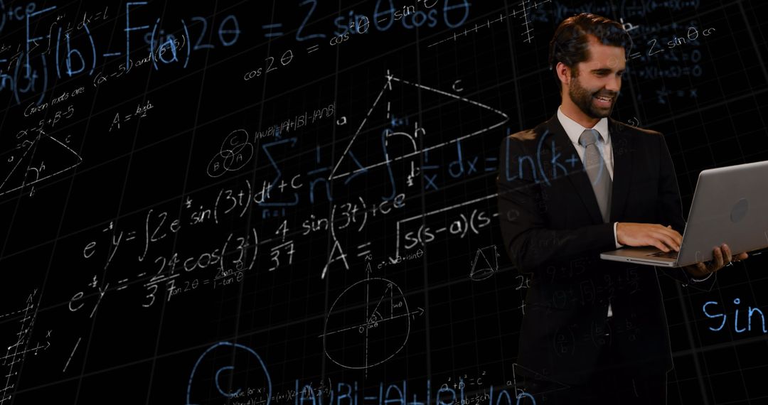 Businessman using laptop with digital math formulas floating in background