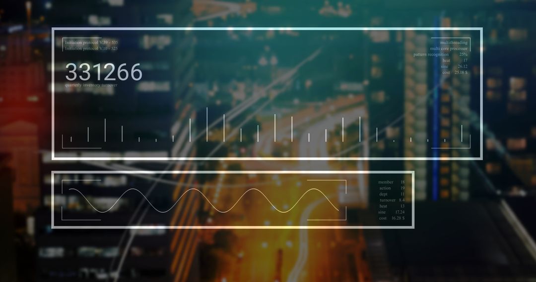 Digital Data Overlay on Cityscape at Night