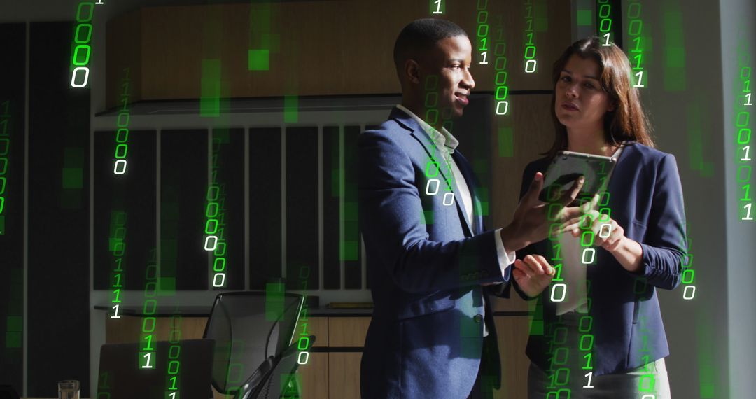 Binary Code Concepts with Business Professionals in Modern Office