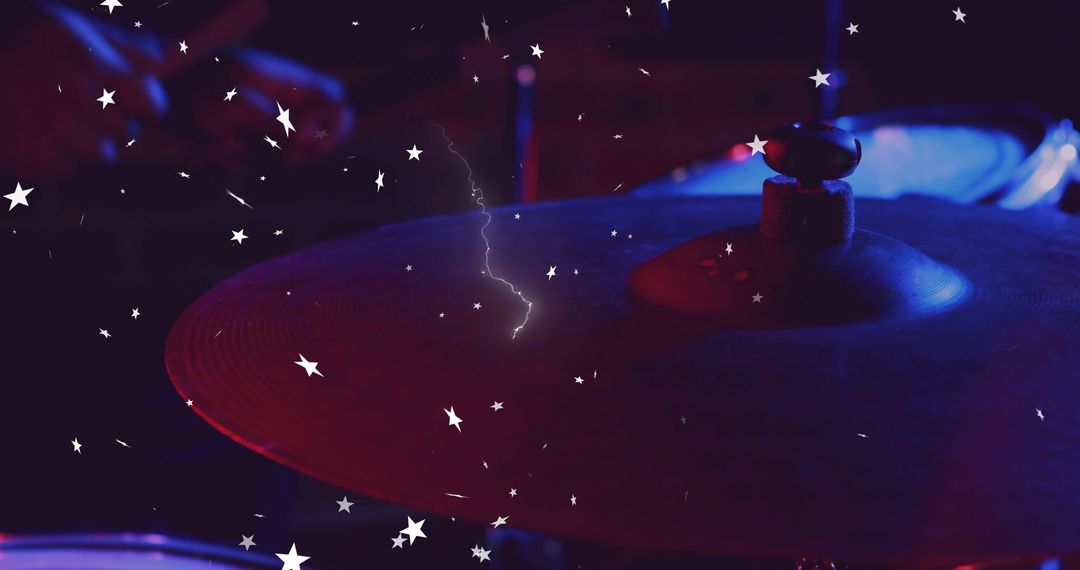 Drum Cymbal Illuminated in Electric Stage Lighting with Starry Effects