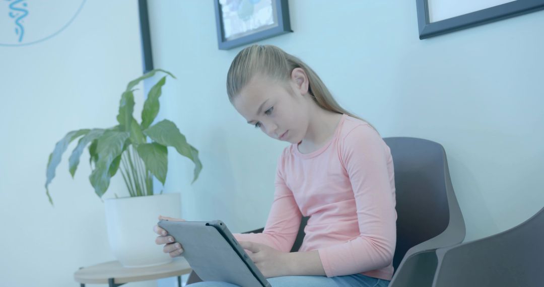 Young girl using tablet in bright reception area, learning on device, modern interior