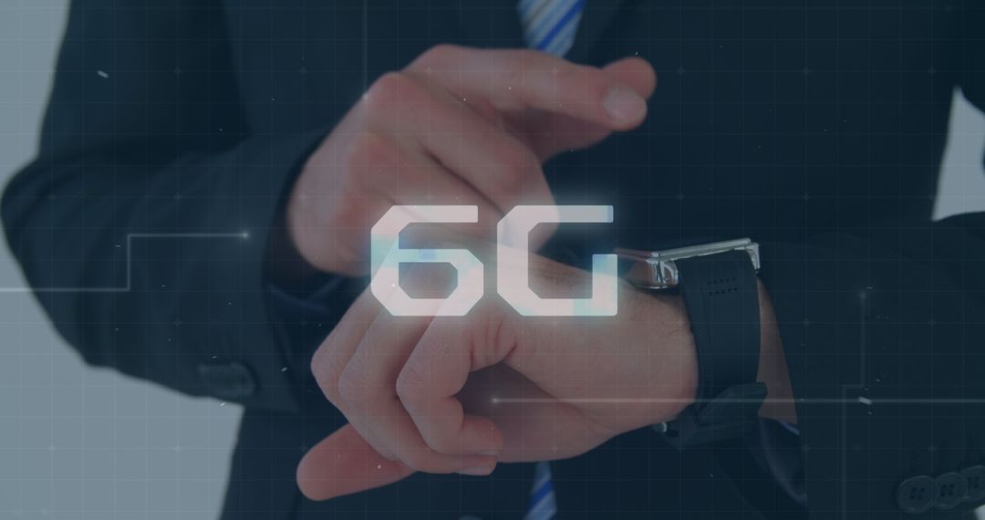 Business Professional Checking Smartwatch with Futuristic 6G Technology Overlay