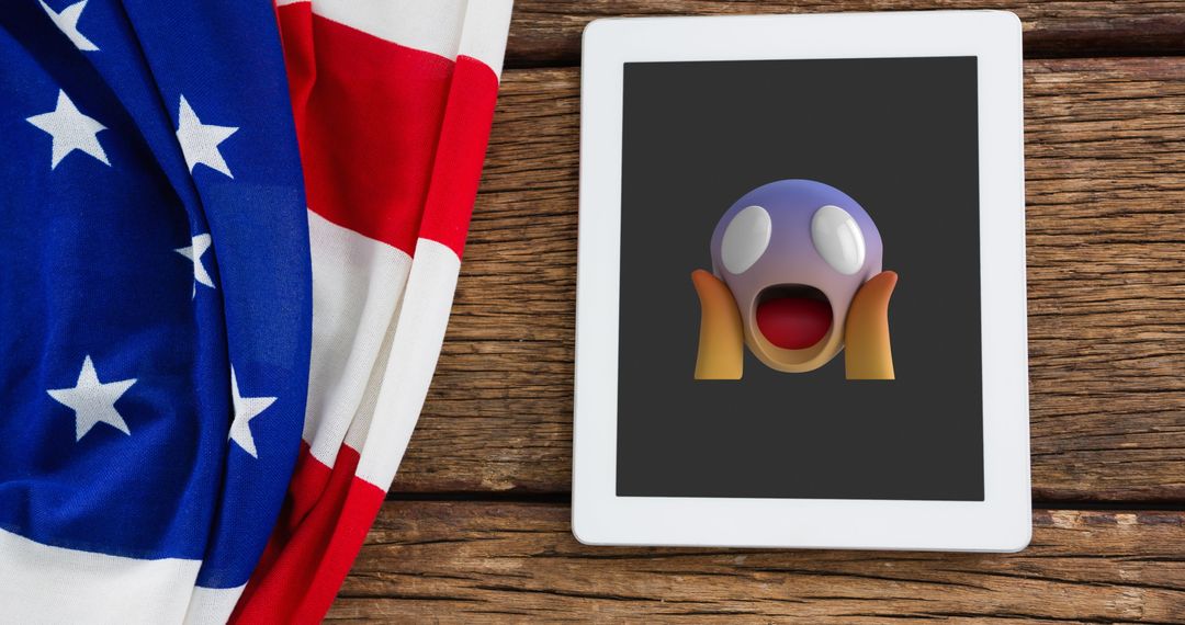 Shocked Emoji on Tablet with American Flag, Digital and Patriotic Blend