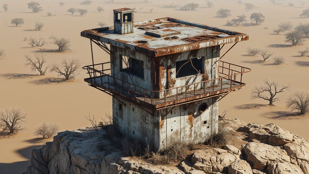 Rustic desert lookout tower on rocky outcrop after the apocalypse