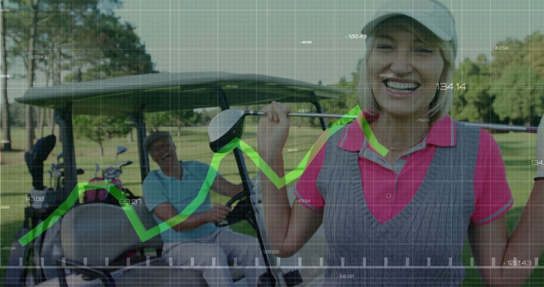 Smiling Golfer Holding Club with Performance Overlay