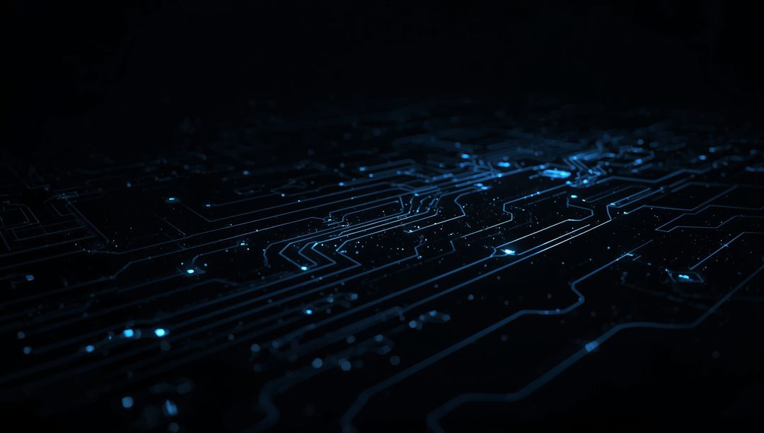 Futuristic Glowing Circuit Board with Blue Traces and Sparks