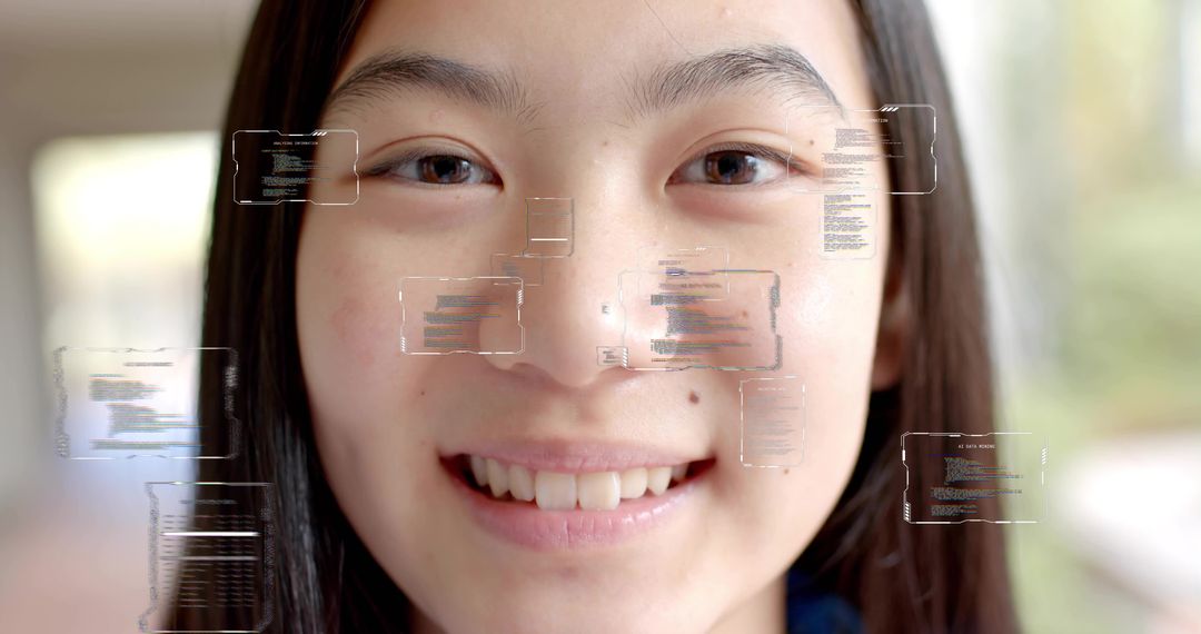 Smiling Chinese Teenage Girl Interacting with Augmented Reality Code Panels in Bright Hallway