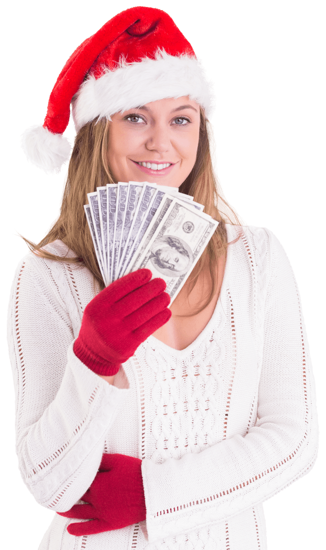 Smiling Woman in Santa Hat Holding Cash on Transparent Background